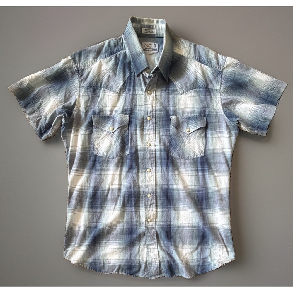 Panhandle Slim Short Sleeve Pearl Snap Button Shirt Blue Western Large JBHS